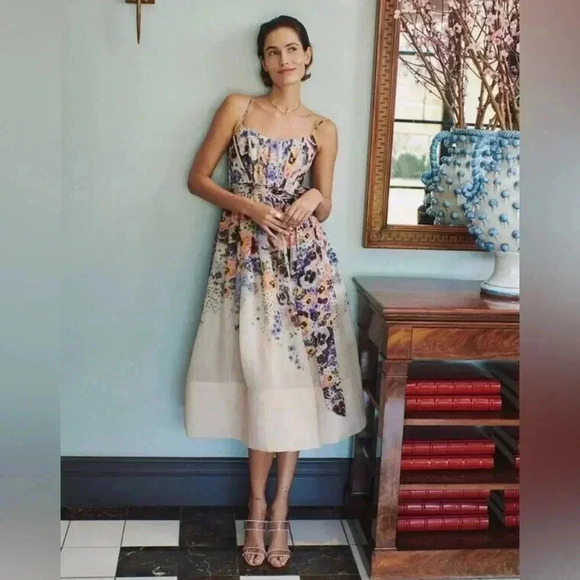 Zimmermann Tama Corset Linen Silk Midi Dress 1 US6 Floral Pansy Waist Tie Belted - Picture 13 of 16